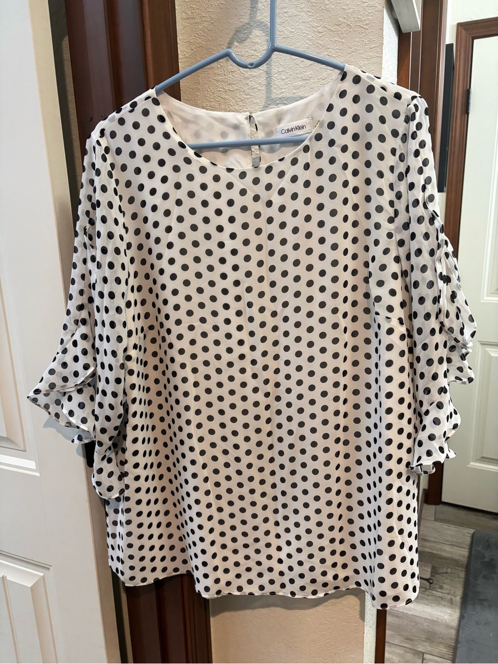 Calvin Klein White Blouse with Black Polka Dots and Ruffle Sleeves